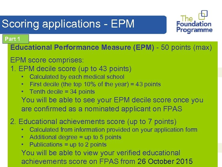 Scoring applications - EPM Part 1 Educational Performance Measure (EPM) - 50 points (max)