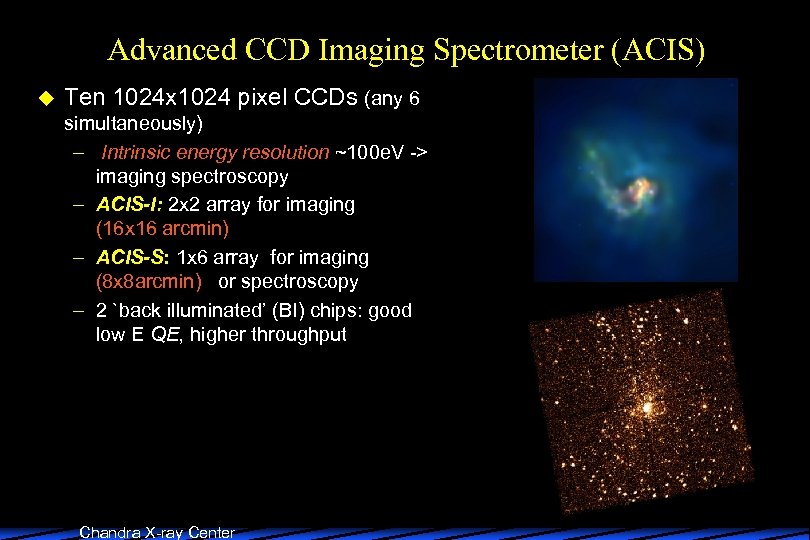 Advanced CCD Imaging Spectrometer (ACIS) u Ten 1024 x 1024 pixel CCDs (any 6