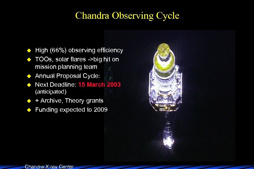 Chandra Observing Cycle u u High (66%) observing efficiency TOOs, solar flares ->big hit