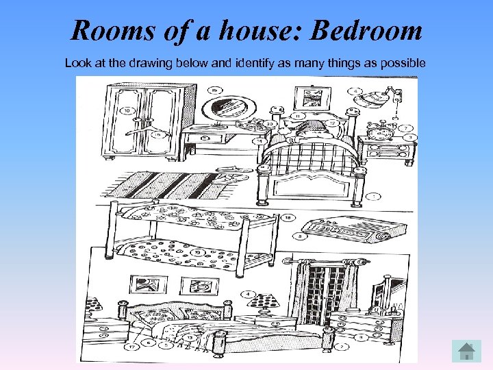 Rooms of a house: Bedroom Look at the drawing below and identify as many