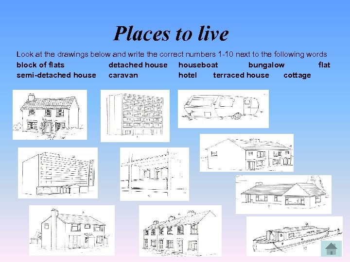 Places to live Look at the drawings below and write the correct numbers 1
