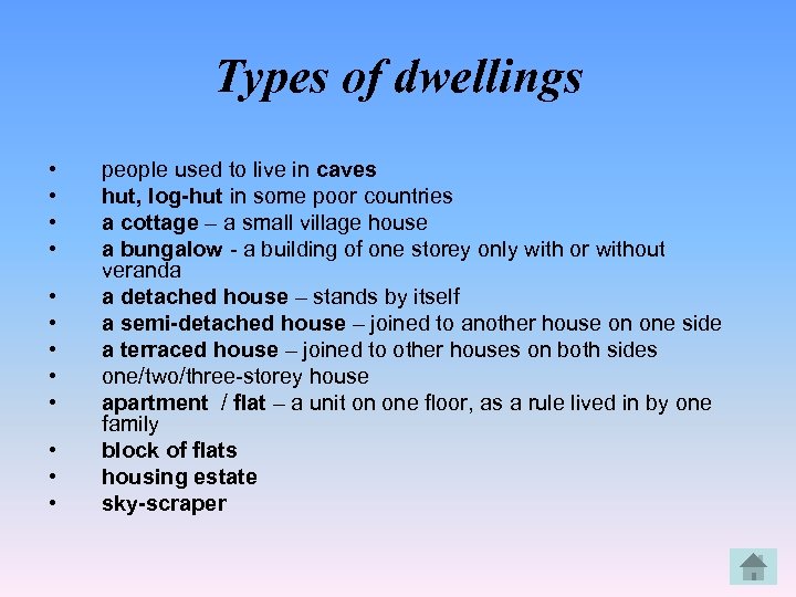 Types of dwellings • • • people used to live in caves hut, log-hut