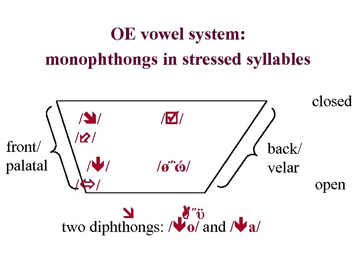 OE vowel system: monophthongs in stressed syllables closed front/ palatal / / /ø΅ώ/ /