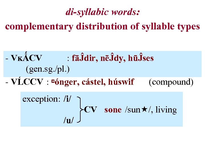 di-syllabic words: complementary distribution of syllable types - VĸǺCV : fāĴdir, nēĴdy, hūĴses (gen.