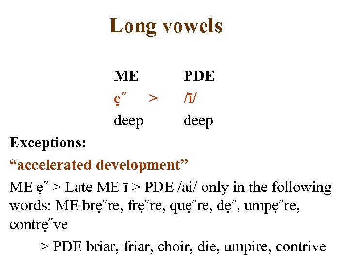 Long vowels ME ẹ˝ > deep PDE /ī/ deep Exceptions: “accelerated development” ME ẹ˝