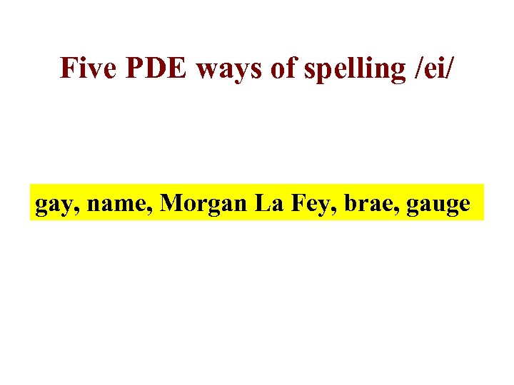 Five PDE ways of spelling /ei/ gay, name, Morgan La Fey, brae, gauge 