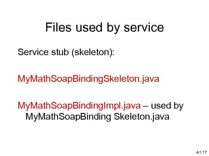 Files used by service Service stub (skeleton): My. Math. Soap. Binding. Skeleton. java My.