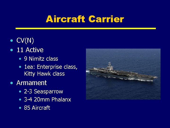 Aircraft Carrier • CV(N) • 11 Active • 9 Nimitz class • 1 ea: