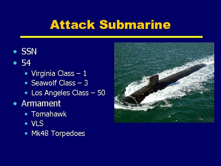 Attack Submarine • SSN • 54 • Virginia Class – 1 • Seawolf Class