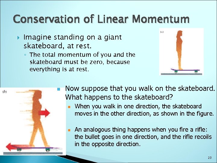 Conservation of Linear Momentum Imagine standing on a giant skateboard, at rest. ◦ The