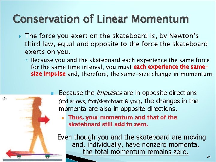Conservation of Linear Momentum The force you exert on the skateboard is, by Newton’s
