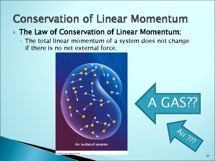 Conservation of Linear Momentum The Law of Conservation of Linear Momentum: ◦ The total