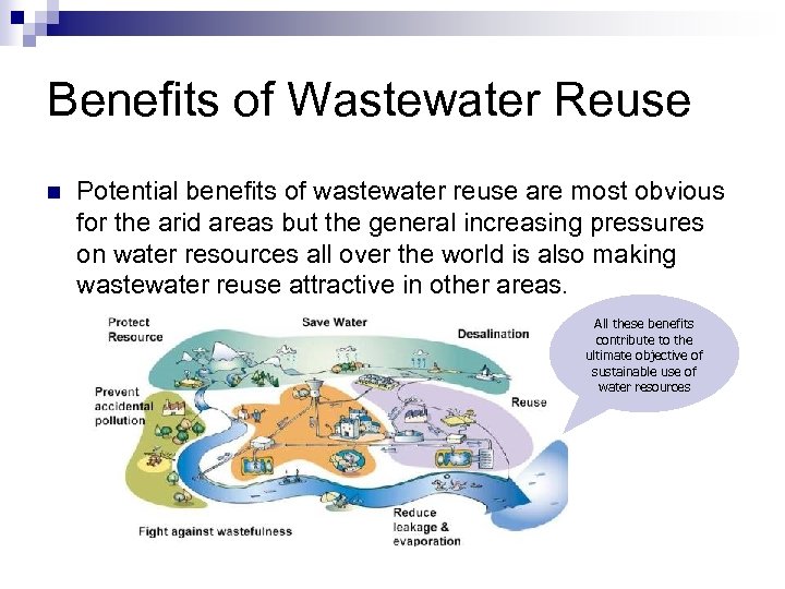 Benefits of Wastewater Reuse n Potential benefits of wastewater reuse are most obvious for