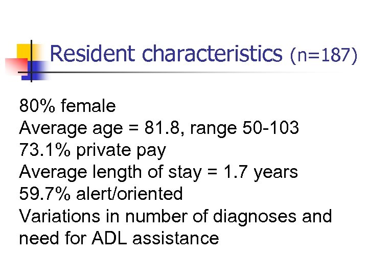 Resident characteristics (n=187) 80% female Average = 81. 8, range 50 -103 73. 1%