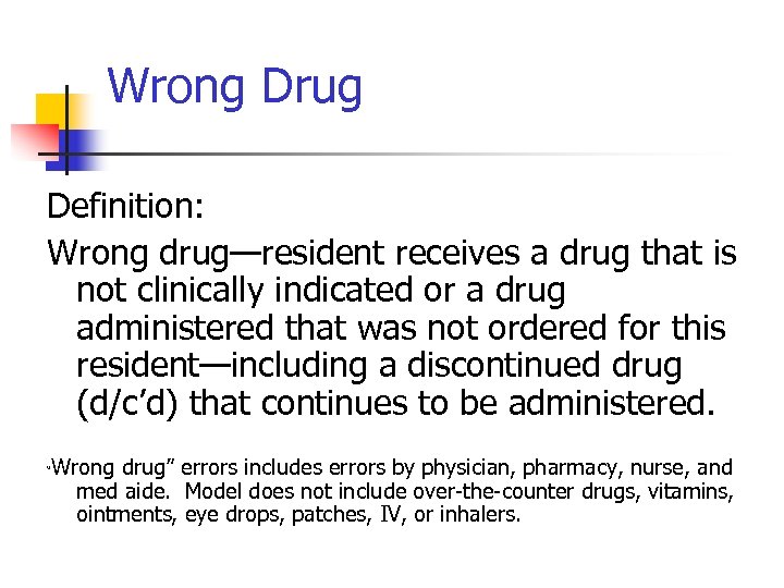 Wrong Drug Definition: Wrong drug—resident receives a drug that is not clinically indicated or