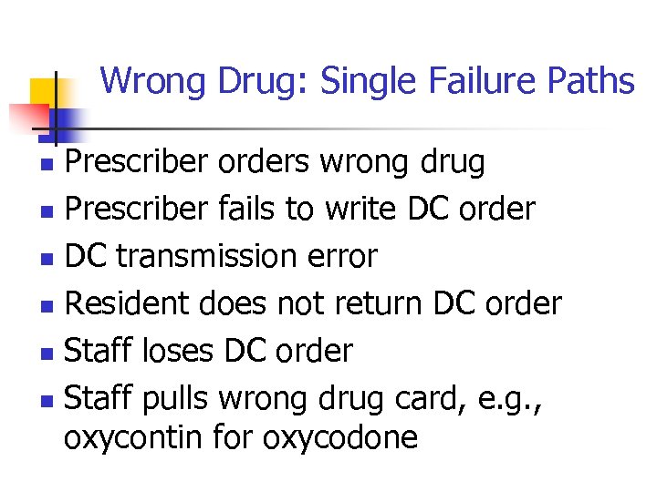 Wrong Drug: Single Failure Paths Prescriber orders wrong drug n Prescriber fails to write