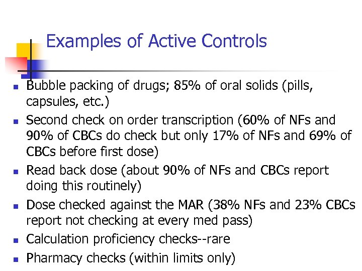 Examples of Active Controls n n n Bubble packing of drugs; 85% of oral