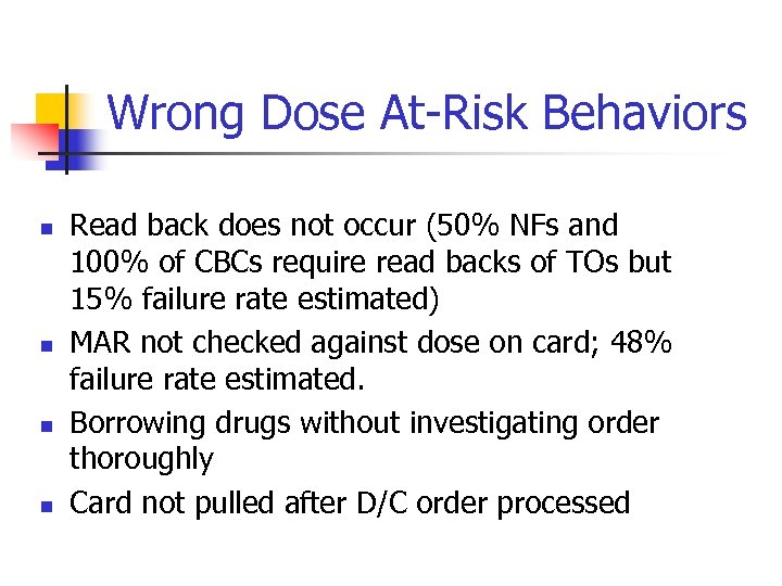 Wrong Dose At-Risk Behaviors n n Read back does not occur (50% NFs and