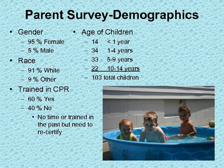 Parent Survey-Demographics • Gender – 95 % Female – 5 % Male • Race