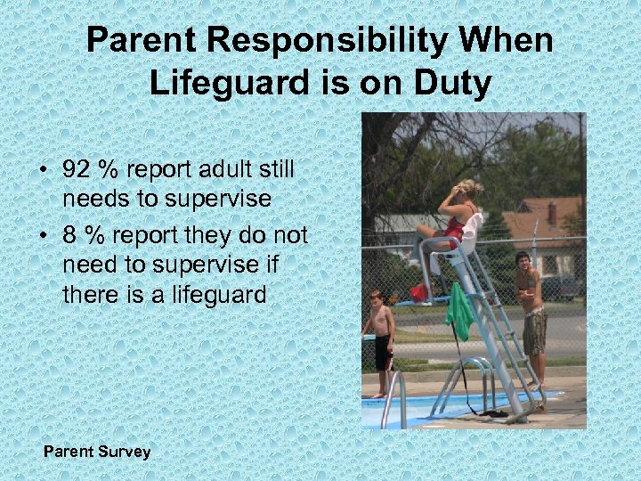 Parent Responsibility When Lifeguard is on Duty • 92 % report adult still needs