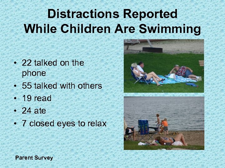 Distractions Reported While Children Are Swimming • 22 talked on the phone • 55