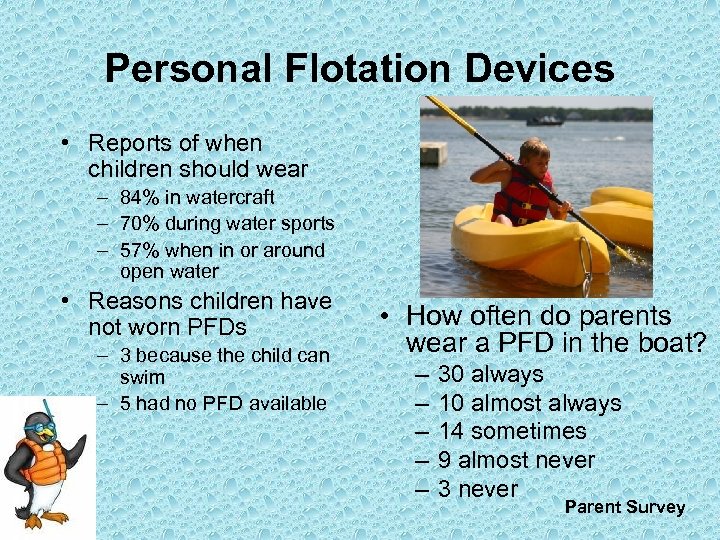 Personal Flotation Devices • Reports of when children should wear – 84% in watercraft