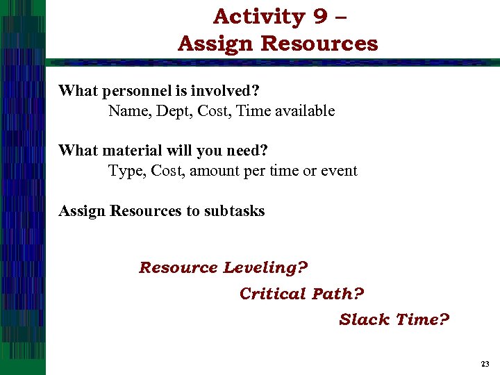 Activity 9 – Assign Resources What personnel is involved? Name, Dept, Cost, Time available