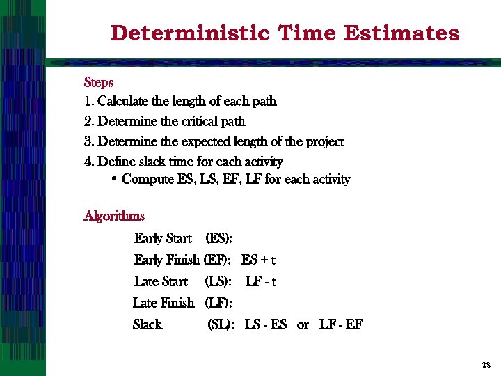 Deterministic Time Estimates Steps 1. Calculate the length of each path 2. Determine the