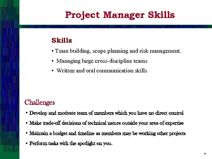 Project Manager Skills • Team building, scope planning and risk management. • Managing large