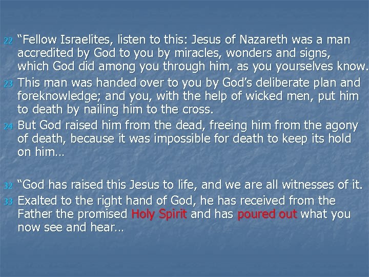 22 23 24 32 33 “Fellow Israelites, listen to this: Jesus of Nazareth was