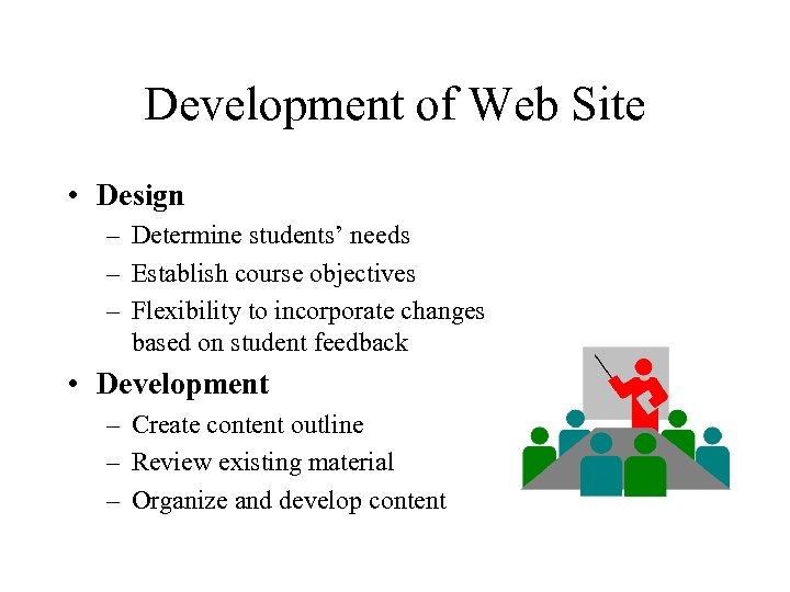 Development of Web Site • Design – Determine students’ needs – Establish course objectives