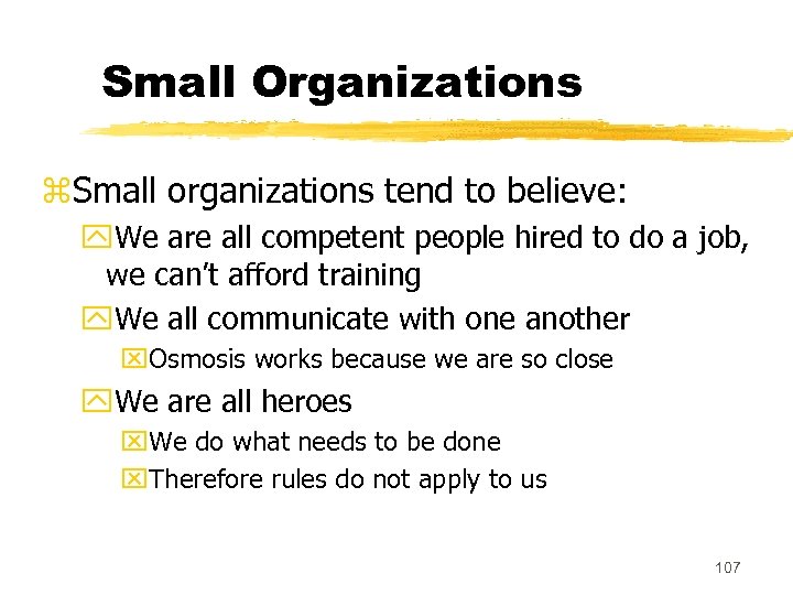 Small Organizations z. Small organizations tend to believe: y. We are all competent people