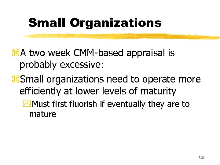 Small Organizations z. A two week CMM-based appraisal is probably excessive: z. Small organizations