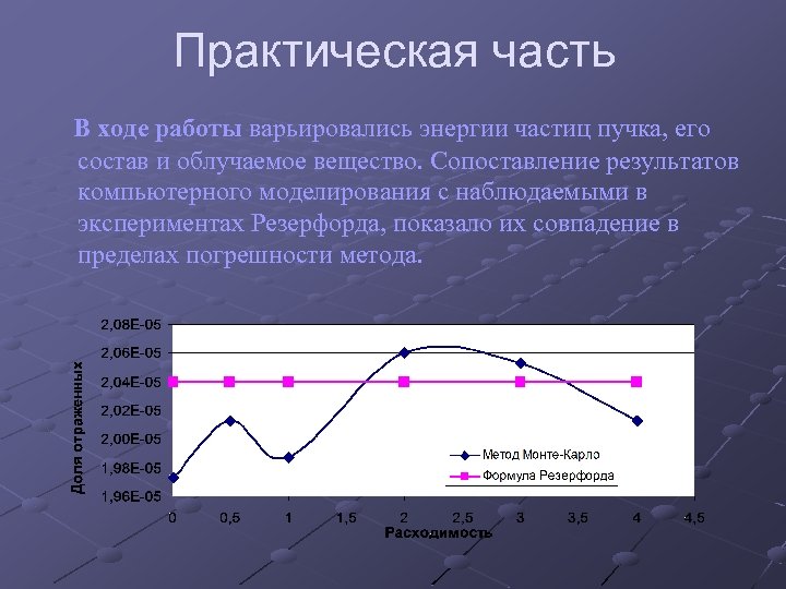 Практическая часть В ходе работы варьировались энергии частиц пучка, его состав и облучаемое вещество.