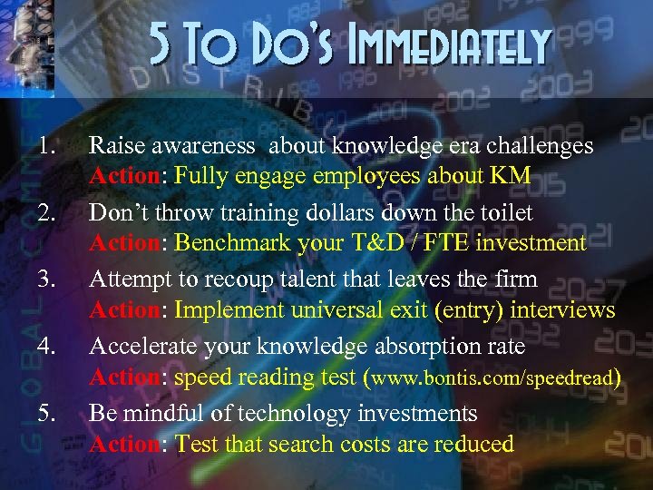 5 To Do’s Immediately 1. 2. 3. 4. 5. Raise awareness about knowledge era