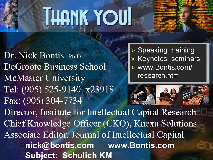 Thank you! Ø Speaking, training Keynotes, seminars www. Bontis. com/ research. htm Dr. Nick