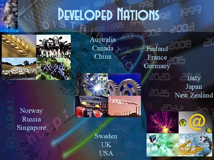 Developed Nations Australia Canada China Finland France Germany Italy Japan New Zealand Norway Russia