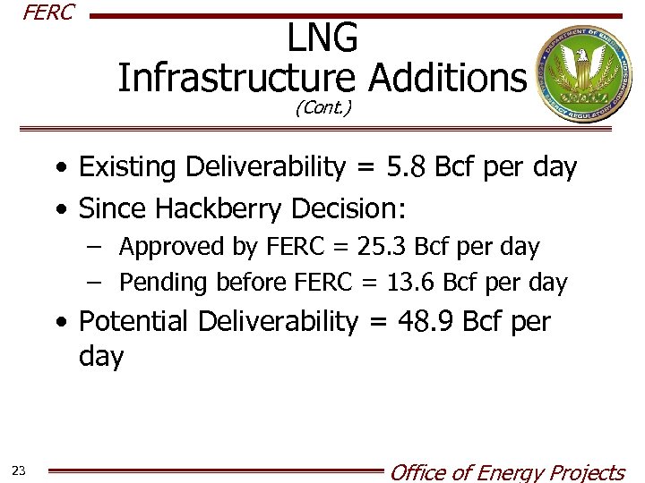 FERC LNG Infrastructure Additions (Cont. ) • Existing Deliverability = 5. 8 Bcf per