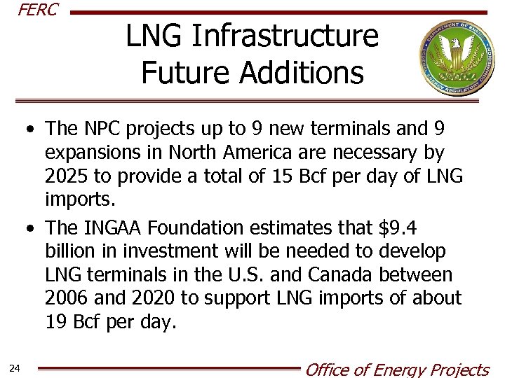 FERC LNG Infrastructure Future Additions • The NPC projects up to 9 new terminals