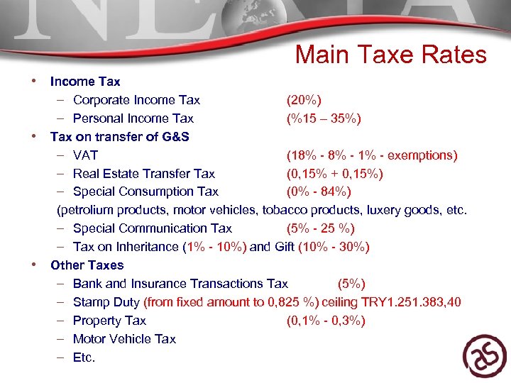 Main Taxe Rates • Income Tax • • – Corporate Income Tax (20%) –