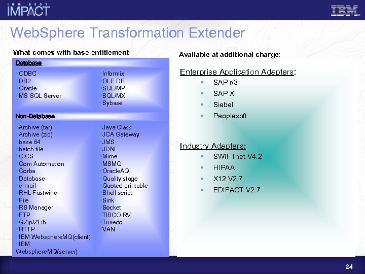 Web. Sphere Transformation Extender What comes with base entitlement: Available at additional charge: Database