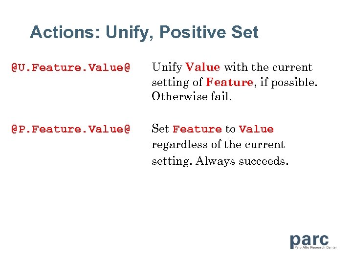 Actions: Unify, Positive Set @U. Feature. Value@ Unify Value with the current setting of