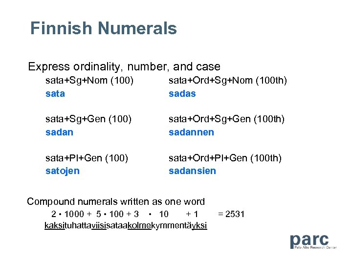 Finnish Numerals Express ordinality, number, and case sata+Sg+Nom (100) sata+Ord+Sg+Nom (100 th) sadas sata+Sg+Gen