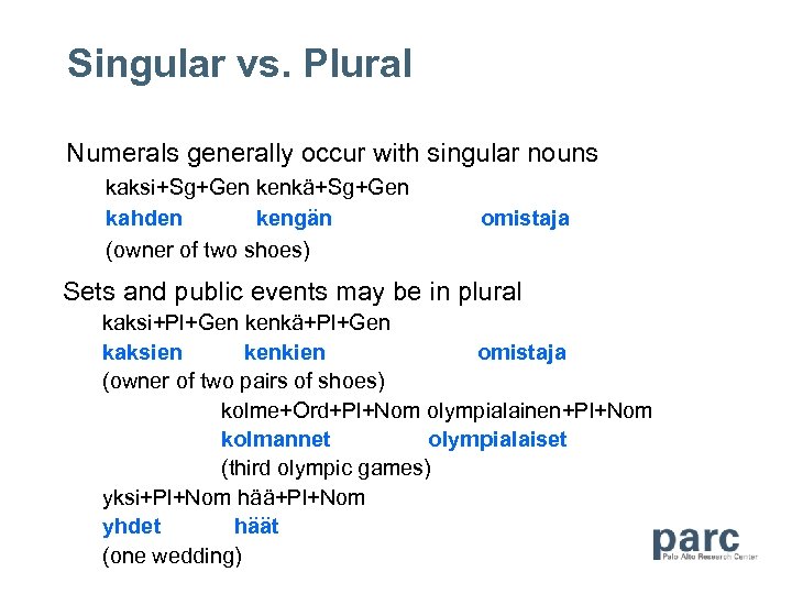 Singular vs. Plural Numerals generally occur with singular nouns kaksi+Sg+Gen kenkä+Sg+Gen kahden kengän (owner