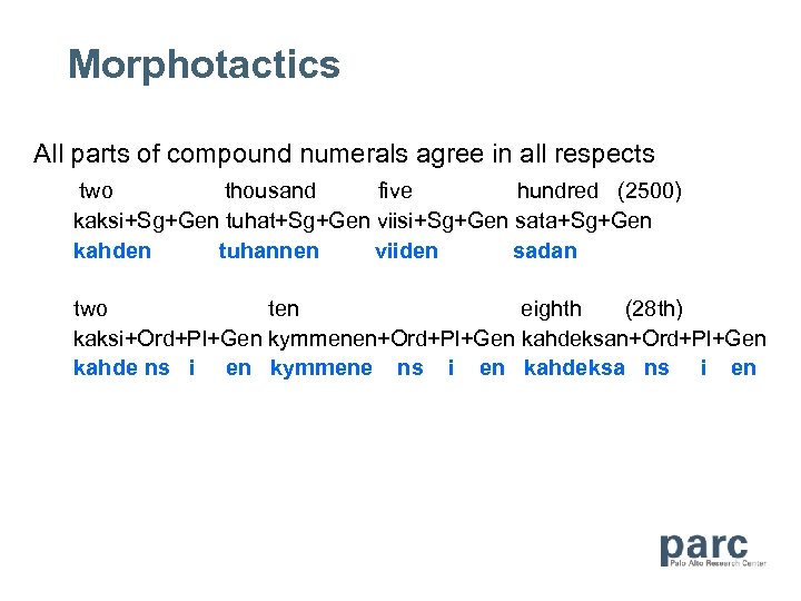 Morphotactics All parts of compound numerals agree in all respects two thousand five hundred