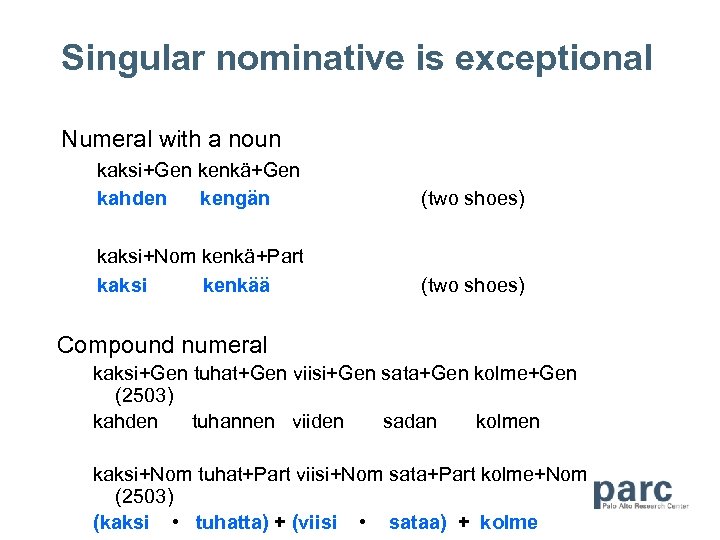 Singular nominative is exceptional Numeral with a noun kaksi+Gen kenkä+Gen kahden kengän (two shoes)