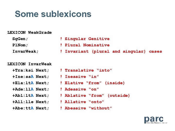 Some sublexicons LEXICON Weak. Grade Sg. Gen; Pl. Nom; Invar. Weak; ! Singular Genitive