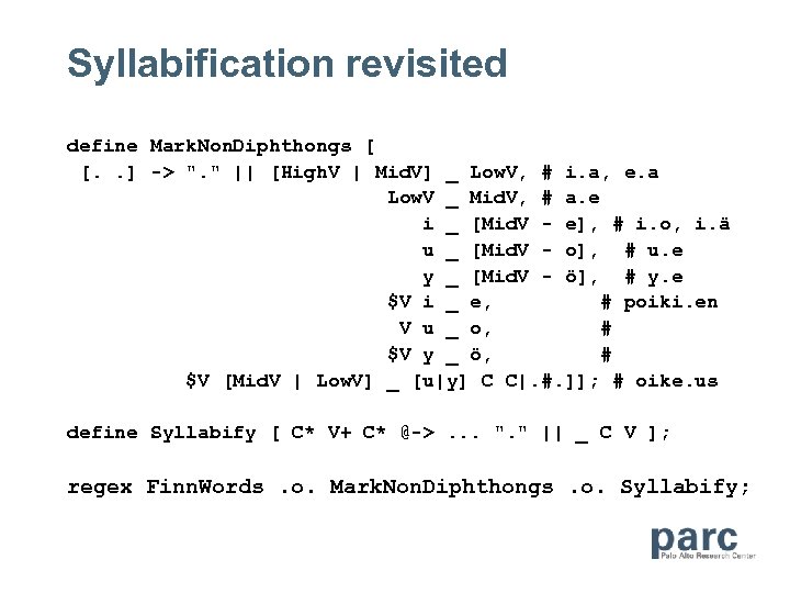 Syllabification revisited define Mark. Non. Diphthongs [ [. . ] -> 