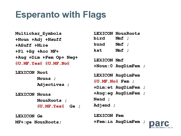 Esperanto with Flags Multichar_Symbols +Noun +Adj +Nsuff +ASuff +Nize +Pl +Sg +Acc MF+ +Aug