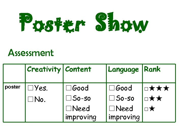 Poster Show Assessment Creativity Content poster Language Rank □Yes. □Good □★★★ □So-so □★★ □Need